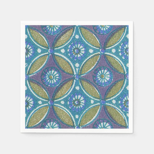Bohemian Teal and Purple Mosaic Floral Pattern Paper Napkins (Front)