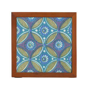 Bohemian Teal and Purple Mosaic Floral Pattern Pencil Holder