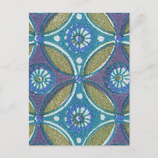 Bohemian Teal and Purple Mosaic Floral Pattern Postcard (Front)