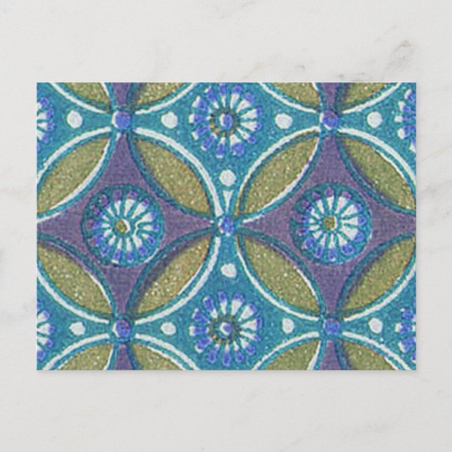 Bohemian Teal and Purple Mosaic Floral Pattern Postcard (Front)