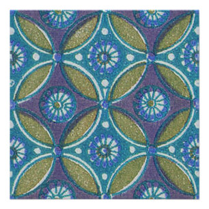 Bohemian Teal and Purple Mosaic Floral Pattern Poster