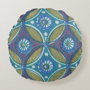 Bohemian Teal and Purple Mosaic Floral Pattern Round Pillow
