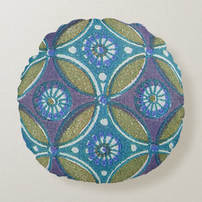 Bohemian Teal and Purple Mosaic Floral Pattern Round Pillow (Front)