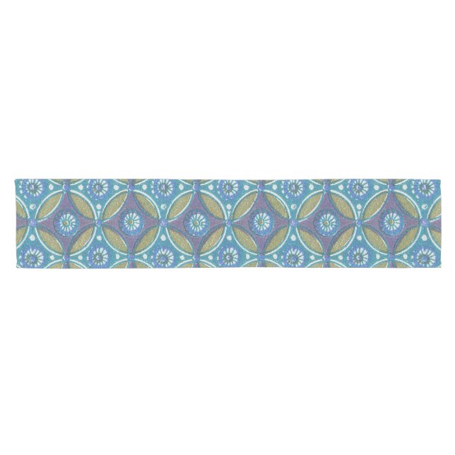 Bohemian Teal and Purple Mosaic Floral Pattern Short Table Runner (Horizontal)
