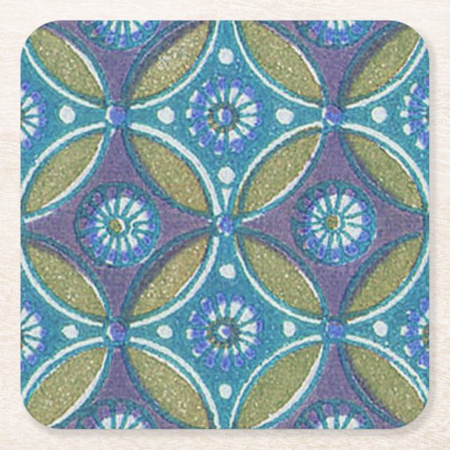 Bohemian Teal and Purple Mosaic Floral Pattern Square Paper Coaster (Front)