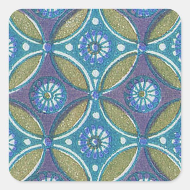 Bohemian Teal and Purple Mosaic Floral Pattern Square Sticker (Front)