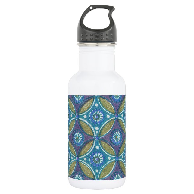 Bohemian Teal and Purple Mosaic Floral Pattern Stainless Steel Water Bottle (Front)