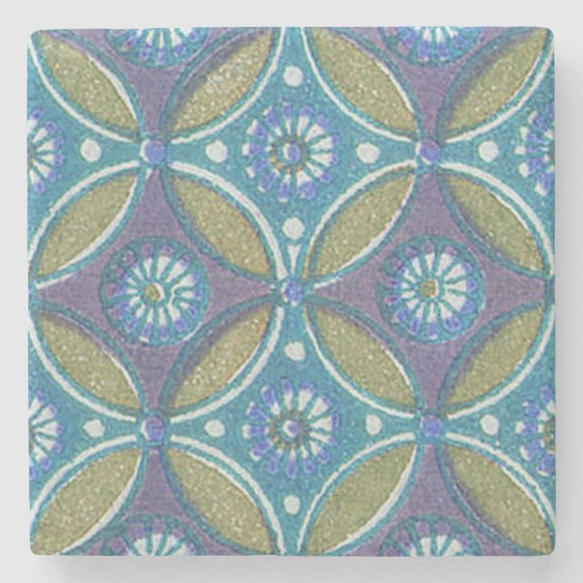 Bohemian Teal and Purple Mosaic Floral Pattern Stone Coaster (Front)