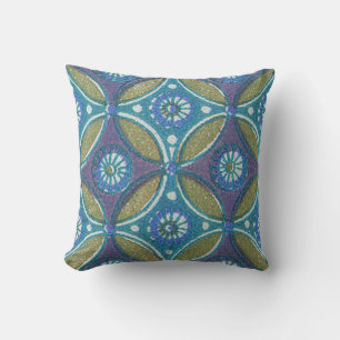 Bohemian Teal and Purple Mosaic Floral Pattern Throw Pillow