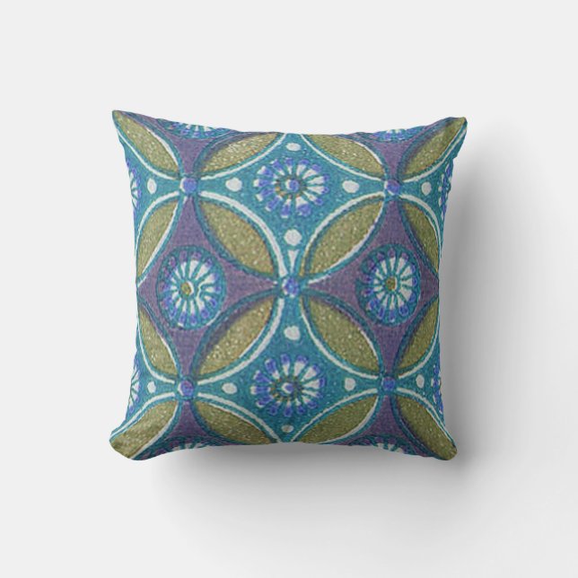 Bohemian Teal and Purple Mosaic Floral Pattern Throw Pillow (Front)