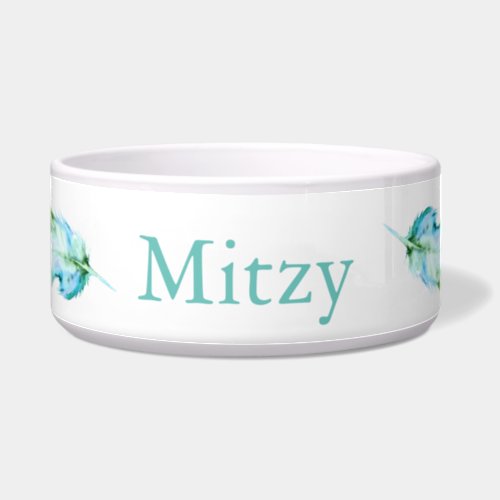 Bohemian Teal Blue Watercolor Feathers Pets Name Bowl