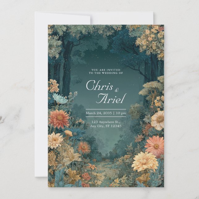 Bohemian Teal Floral Dark Forest Moody Woodland Invitation (Front)