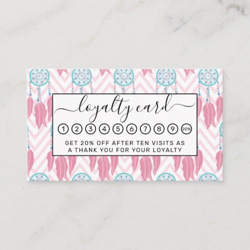 Bohemian Teal Pink Beaded Dreamcatcher Chevron Loyalty Card