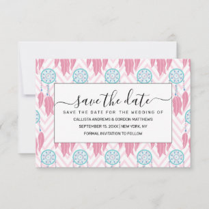 Bohemian Teal Pink Beaded Dreamcatcher Chevron Save The Date