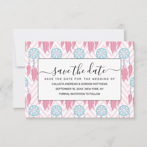 Bohemian Teal Pink Beaded Dreamcatcher Chevron Save The Date