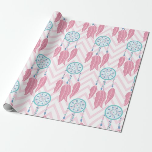 Bohemian Teal Pink Beaded Dreamcatcher Chevron Wrapping Paper