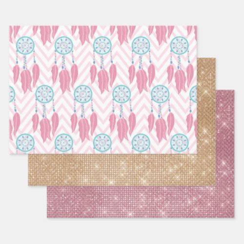 Bohemian Teal Pink Beaded Dreamcatcher Chevron Wrapping Paper Sheets
