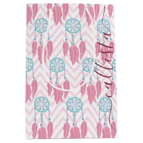 Bohemian Teal Pink Dreamcatcher Chevron Monogram Medium Gift Bag