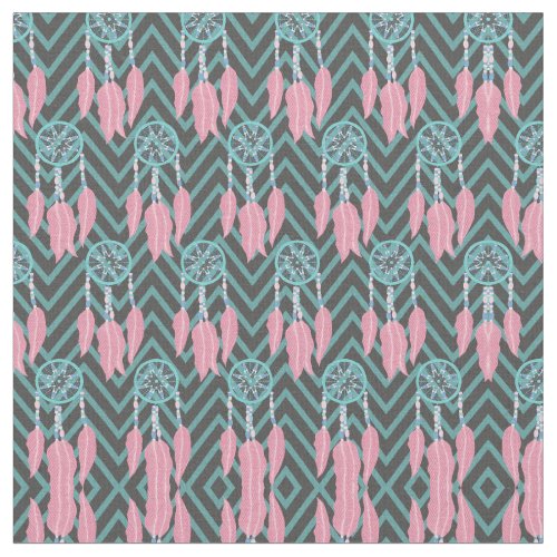 Bohemian Teal Pink Dreamcatcher Chevron Pattern Fabric
