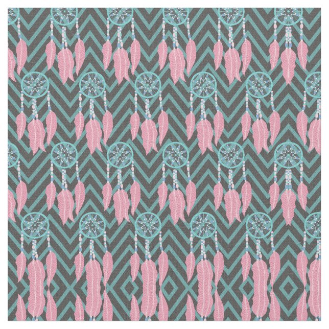 Bohemian Teal Pink Dreamcatcher Chevron Pattern Fabric (Close Up)