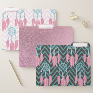 Bohemian Teal Pink Dreamcatcher Chevron Pattern File Folder