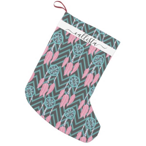 Bohemian Teal Pink Dreamcatcher Chevron Pattern Small Christmas Stocking