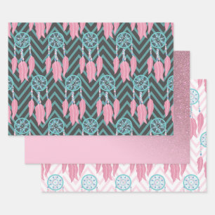Bohemian Teal Pink Dreamcatcher Chevron Pattern Wrapping Paper Sheets