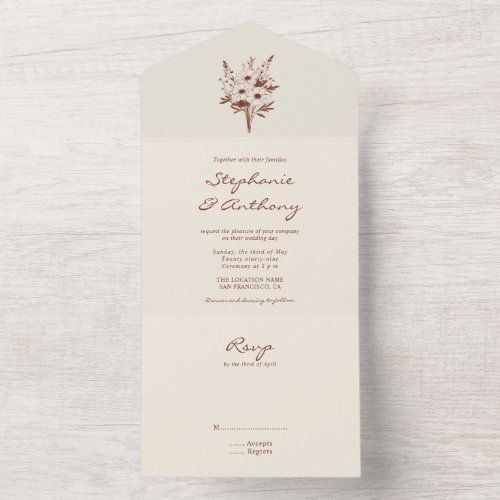 Bohemian Terracotta and White WIld Flowers Wedding All In One Invitation