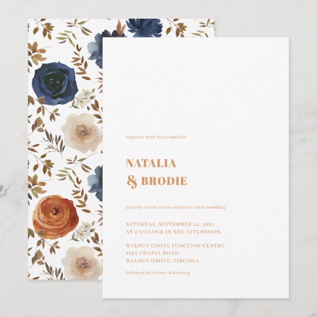 Bohemian Terracotta Blue Floral Wedding Invitation (Front/Back)