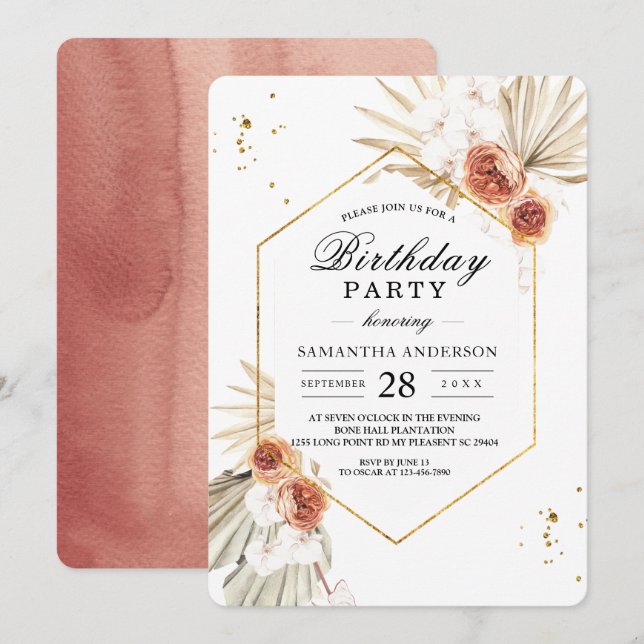 Bohemian Terracotta Dried Palm Leaf & Flowers Invitation (Front/Back)