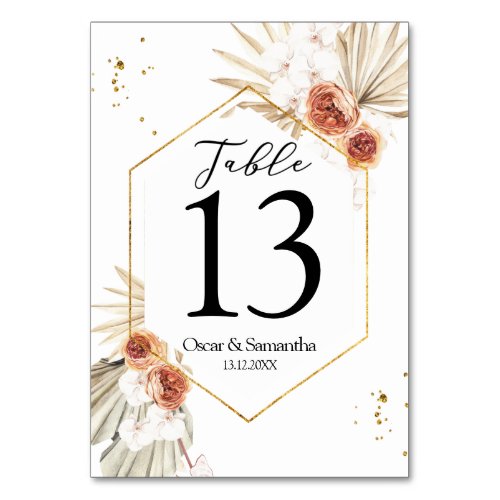 Bohemian Terracotta Dried Palm Leaf  Flowers Table Number
