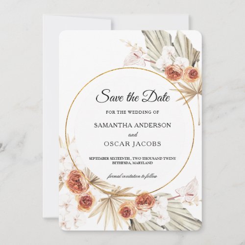 Bohemian Terracotta Dried Palm Leaf Orange Flower Save The Date