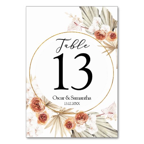 Bohemian Terracotta Dried Palm Leaf Orange Flower Table Number