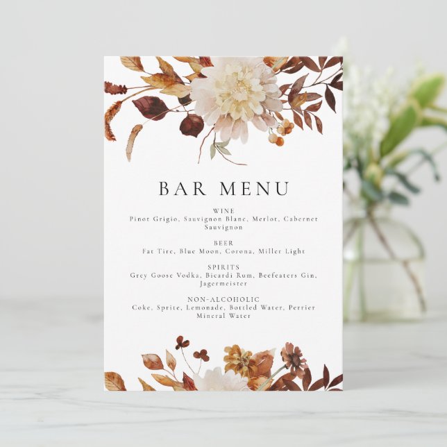 Bohemian Terracotta Fall Floral Bar Menu Sign Card (Standing Front)