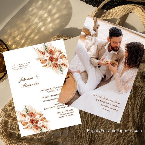 Bohemian Terracotta Floral Elopement Pampas Grass  Invitation