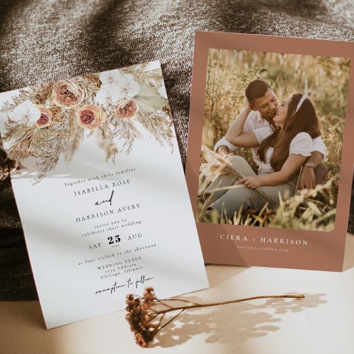 Bohemian Terracotta Floral Photo Fall Wedding Invitation