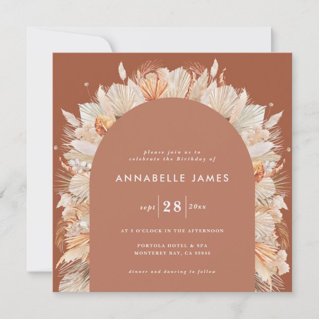 Bohemian terracotta pampas grass stylish birthday  save the date (Front)