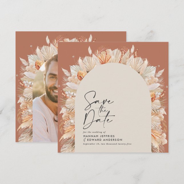 Bohemian terracotta pampas grass stylish trendy sa save the date (Front/Back)