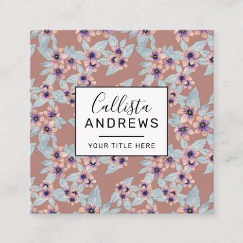 Bohemian Terracotta Pink Flowers Watercolor Square Business Card