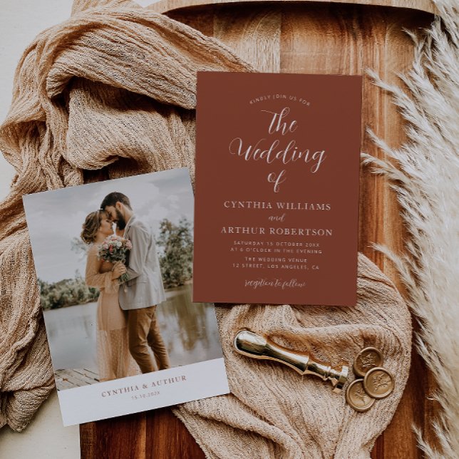 bohemian terracotta simple script wedding invitation (Creator Uploaded)