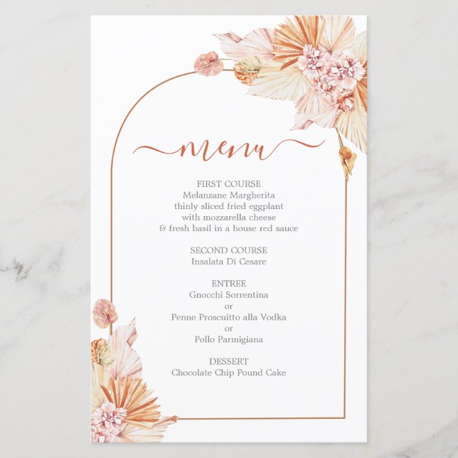 Bohemian Terracotta wedding Menu Card (Front)