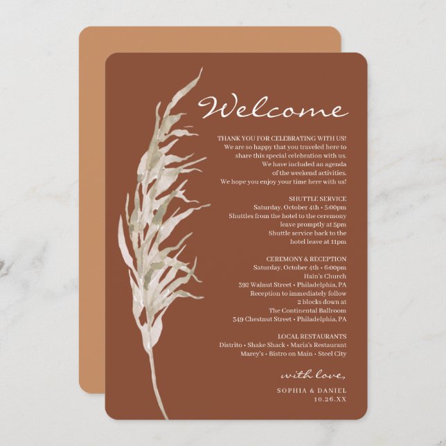 Bohemian Terracotta Wedding Welcome Itinerary Program (Front/Back)