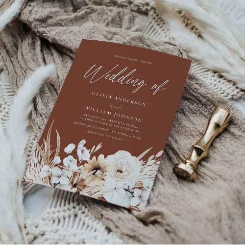 Bohemian Terracotta  White Floral Wedding Invitation