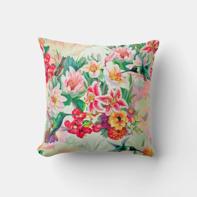Bohemian Thunder-Bird Tropical Mint Green Flowers Throw Pillow (Front)