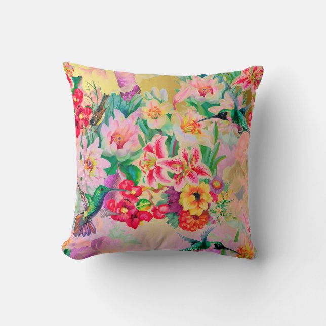 Bohemian Thunder-Bird Tropical Mint Pink  Flowers Throw Pillow (Front)