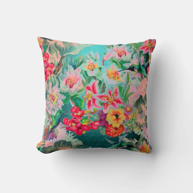 Bohemian Thunder-Bird Tropical Teal Green Flowers Throw Pillow (Front)