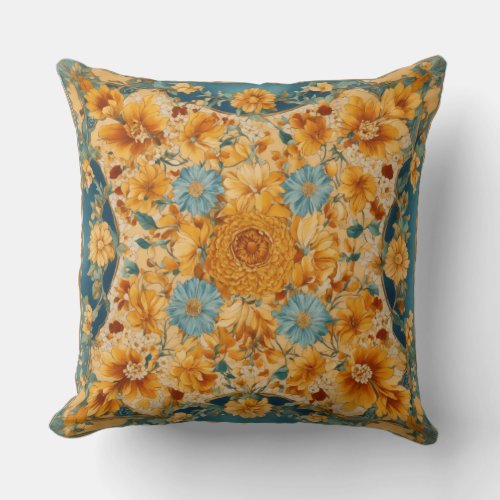 Bohemian Topaz Dream Floral Print with Tiled Moti Throw Pillow