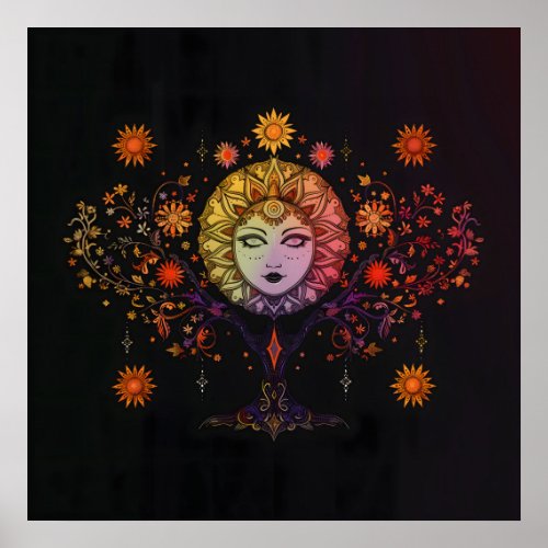 Bohemian Tree of Life Rainbow on Black Matte Art Poster