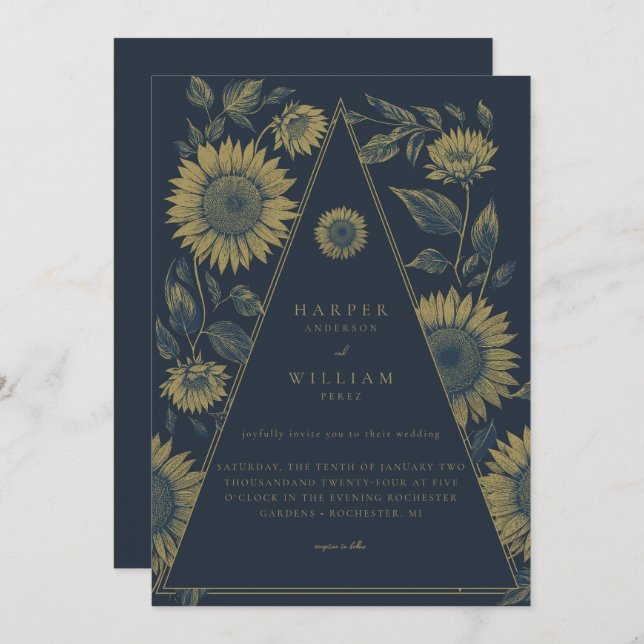 Bohemian triangle sunflower navy blue wedding invitation (Front/Back)