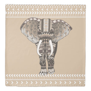 Bohemian Tribal Elephant Taupe and White Duvet Cover